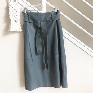 NWT Vince Topstitched Belted Lambskin Leather A Line Midi Skirt Sea Stone Gray 4